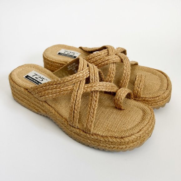 Vintage Rattan Woven Platform Heel Sandal Squared Toe Beach Summer 90s Y2K 2000s - Picture 1 of 7